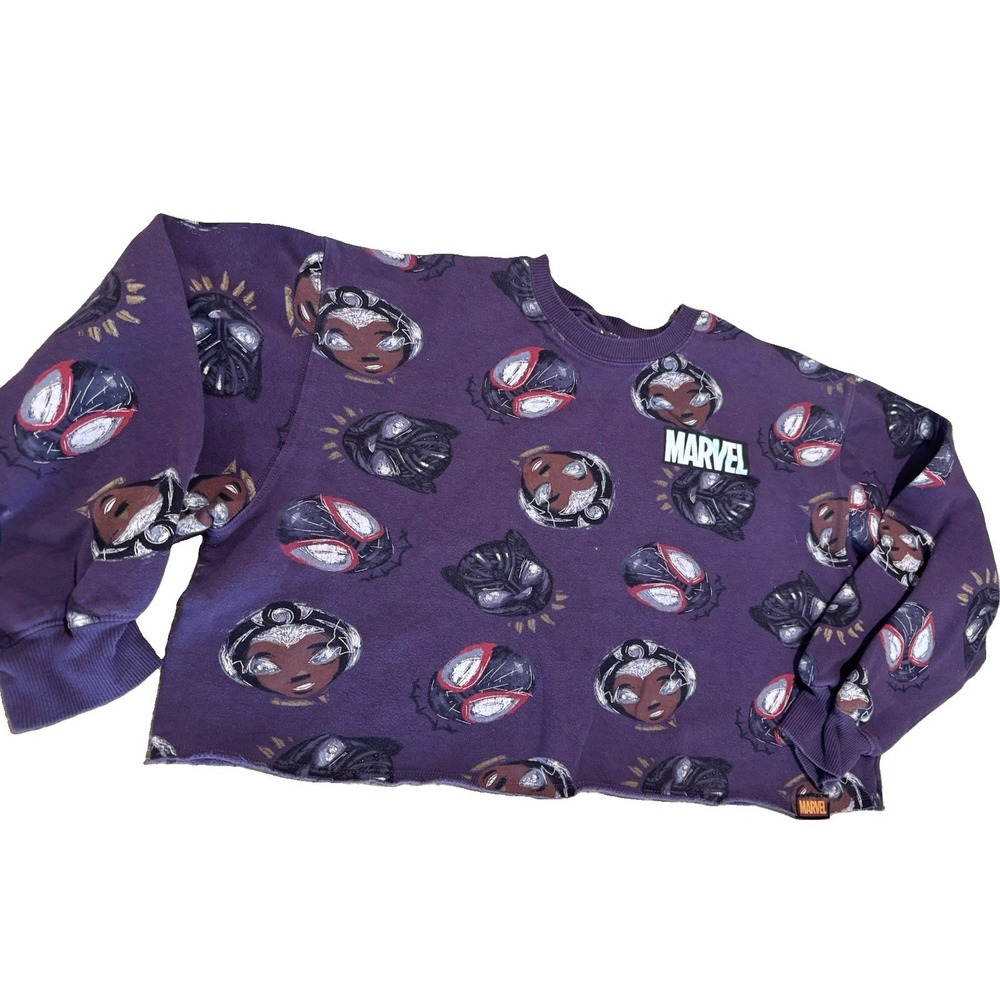 Marvel Black Panther All Over Print Cropped Sweatshirt Pullover Purple Graphic L